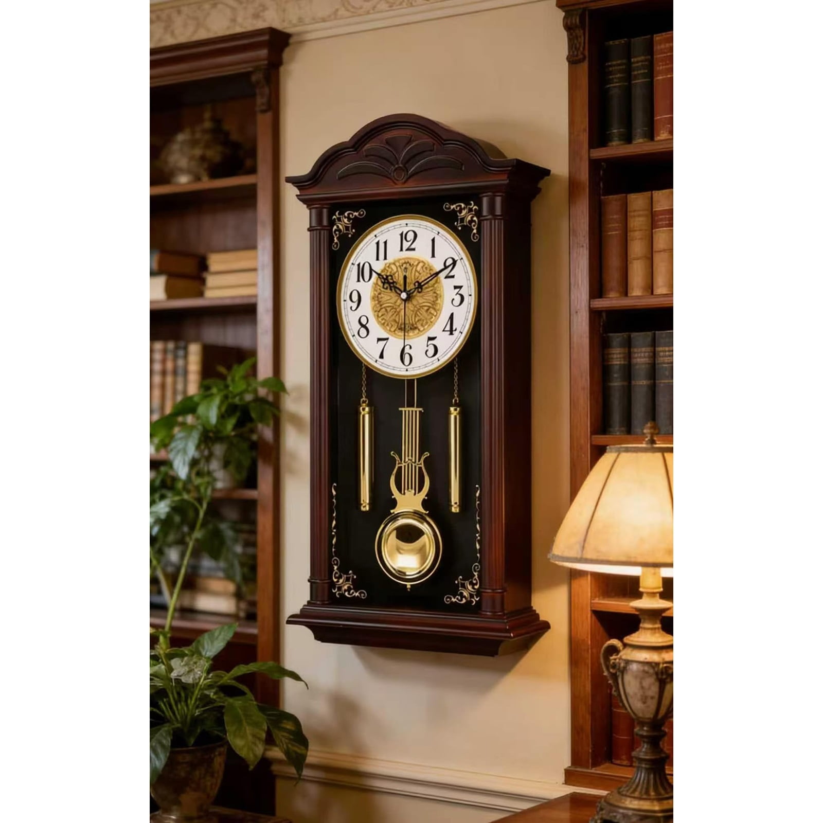 Olden Days Wall Clock with Real Wood, 4 Chime Options, Swinging