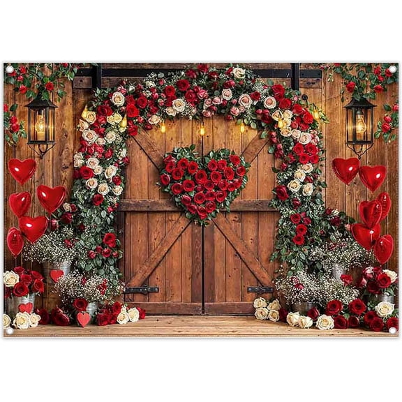 7x5FT Love Day Brown Barn Door Backdrop Red Heart Balloons Rose Arch Rustic Photography Background Wedding Bridal Shower Party Decorations Photo Banner Props