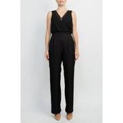 Adrianna Papell Scalloped V-Neck Sleeveless Zipper Back Solid Mesh Chiffon Jumpsuit-BLACK / 8
