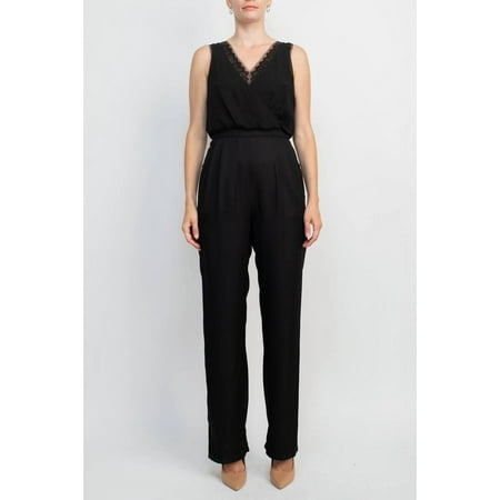 Adrianna Papell Scalloped V-Neck Sleeveless Zipper Back Solid Mesh Chiffon Jumpsuit-BLACK / 10