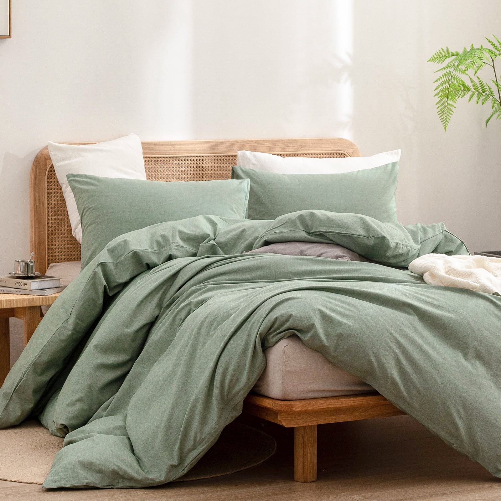 BESTOUCH Duvet Cover Set Twin 100% Washed Cotton Linen Feel Soft Chic Lightweight 2Pcs (Green, 68"x90")