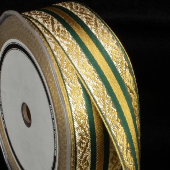 The Ribbon People Metallic Gold and Forest Green Woven Striped Wired Craft Ribbon 1.25" x 27 Yards