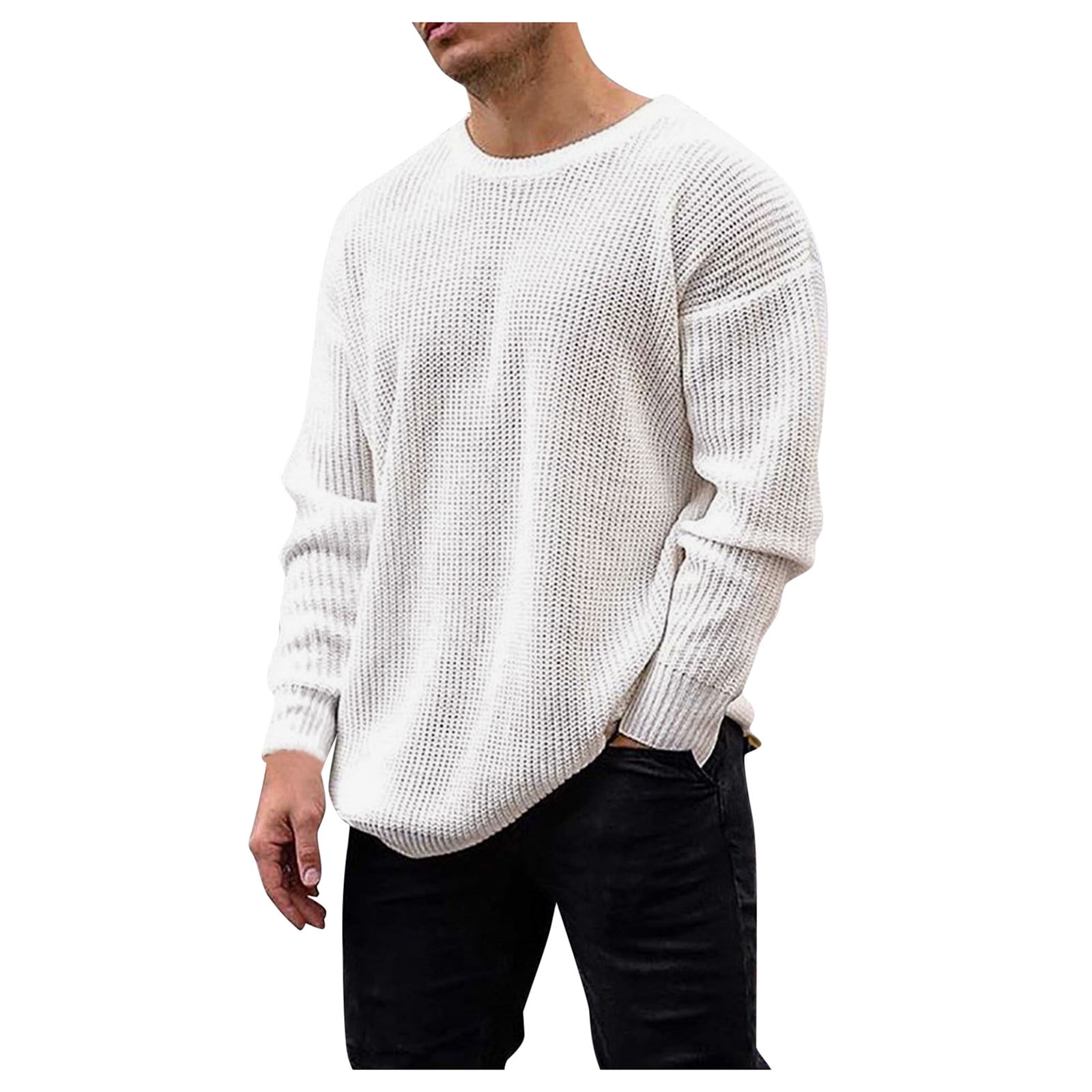 symoid Sweaters for Men- Pullover Crew Neck Loose Solid Casual Long Sleeve  Knit Sweatshirts Tops ,for Autumn/Spring/Winter White S