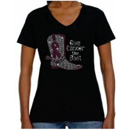 - Rhinestone Rhinestone Womens T Shirt Breast Cancer Boot JRW-093 - S / Women Short-Sleeve V-Neck-T-Shirt