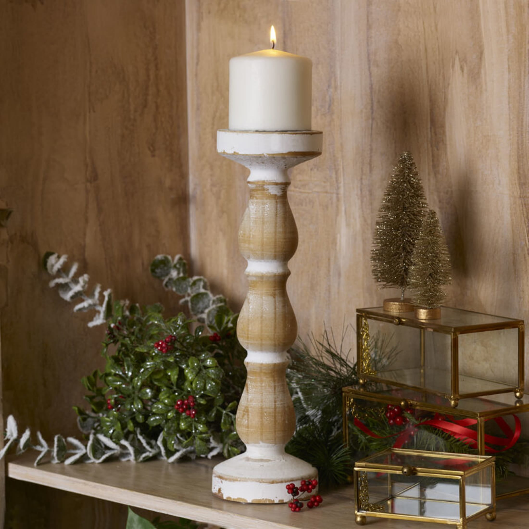 Elements 14 inch Wood Candleholder, White