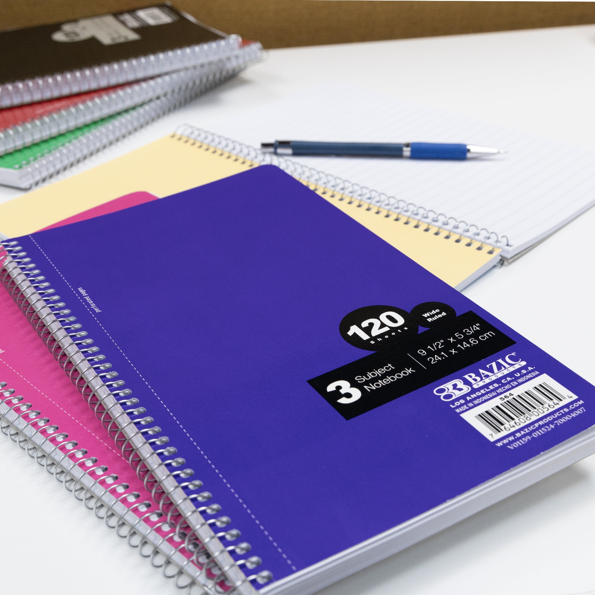 BAZIC Wide Ruled 3 Subject Spiral Notebooks 120 Sheets 9.5"x5.75", 6-Pack