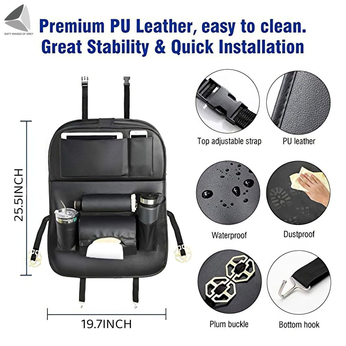 PULLIMORE Car Backseat Organizer with Foldable Tablet Holder, PU Leather Car Storage Protectors Seat Kick Mats Cup Holder Car Universal Use Covers (Black)