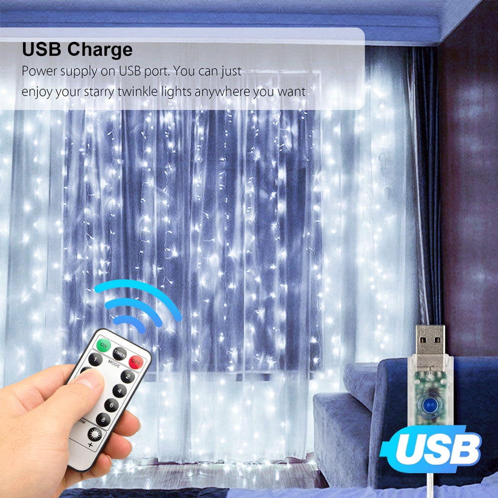 300LED Curtain Fairy Lights USB Party Wedding String Light Home w/Remote Control 