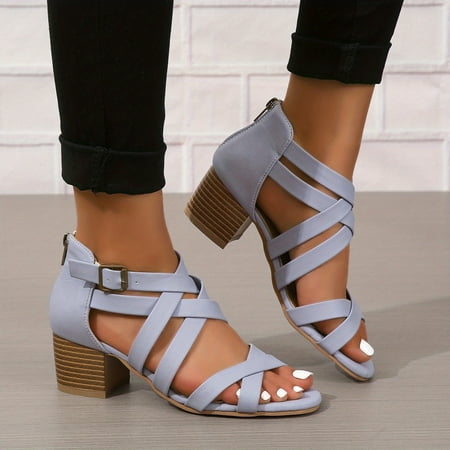 

Women s Solid Color Stylish Chunky Heel Sandals Out Design with Back Zipper