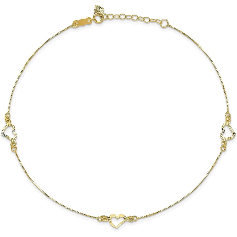 Chaîne De Cheville 14k Or Jaune - Cœurs Diamantés - 10 Pouces + Extension 1 Pouce - Neuf Sous Emballage - Dewberry