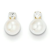 14k Yellow Gold CZ & 5mm Freshwater Cultured Pearl Post Earrings