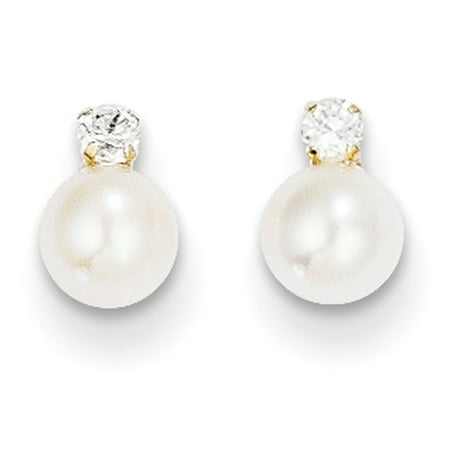 14k Gold Cultured Freshwater Pearl Earrings - 14k Yellow Gold CZ & 5mm Freshwater Cultured Pearl Post Earrings