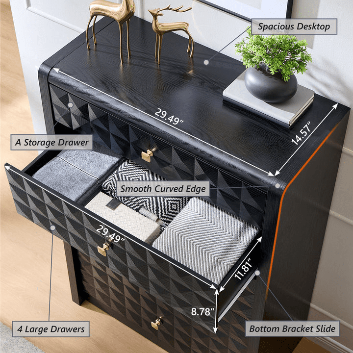 wow97e Modern 5 Drawer Dresser for Bedroom, Wooden Tall Dressers & Chests of Drawers w/Diamond Panel Decorate, Black