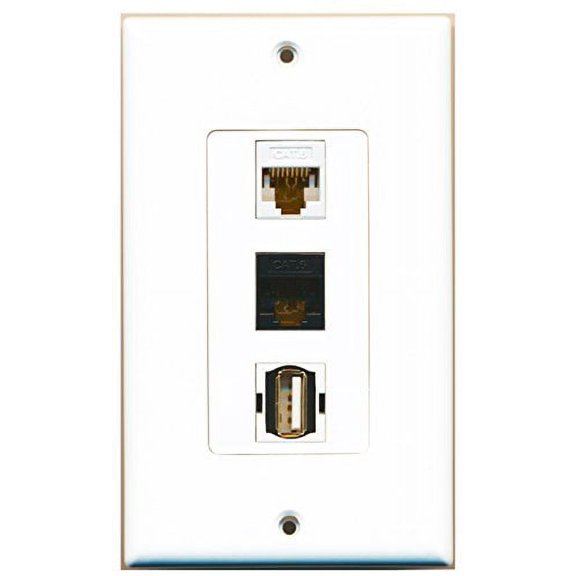 RiteAV - 1 Port USB A-A and 1 Port Cat6 Ethernet White and 1 Port Cat6 Ethernet Black Decorative Wall Plate Decorative
