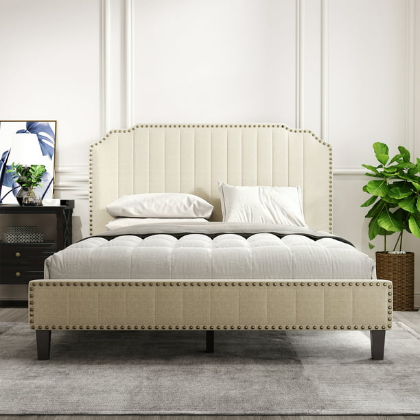 Upholstered Platform Bed Queen, Linen Queen Bed Frame With Headboard