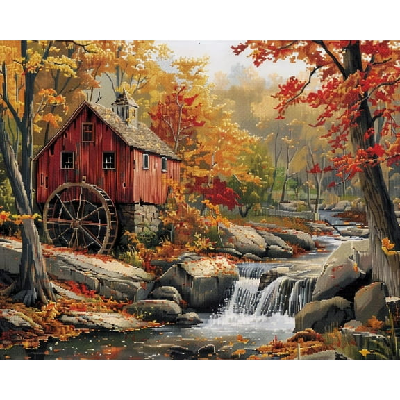 Autumn Landscape Mill Fall Trees DIY 11CT Stamped Cross Stitch Kits for Beginners Easy Needlepoint Embroidery Counted Cross Stitch Art Craft for Wall Decoration 12x16inch(6)