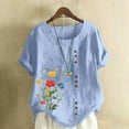 thumbnail image 2 of Women Summer T-Shirt Cotton Linen Tops Button Down Shirt Funny Flower T-Shirt Summer Crew Neck Front Pleated Blouse Dressy Casual Top With Rolled Cuff, 2 of 4