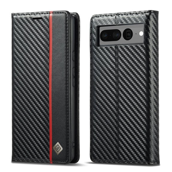 Dteck For Google Pixel 7 Pro Magnetic Carbon Fiber Leather Case with Card Holder for Men and Women, Folio Flip Cover with RFID Blocking, #2 Black