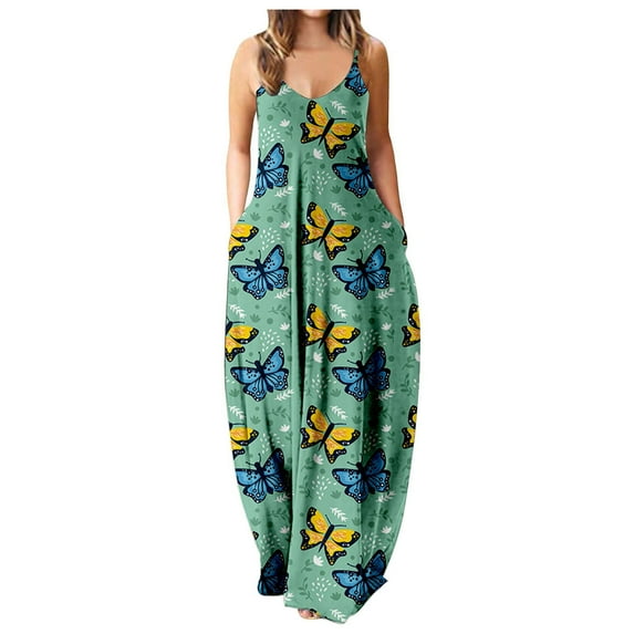 asdoklhq Womens Plus Size Clearance Dresses,Women Casual Plus Size Print O-Neck Sleeveless Pocket Maxi Long Dress