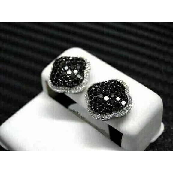 2 Ct Round Cut Black Moissanite Cluster Stud Earrings 14k Two Tone Plated