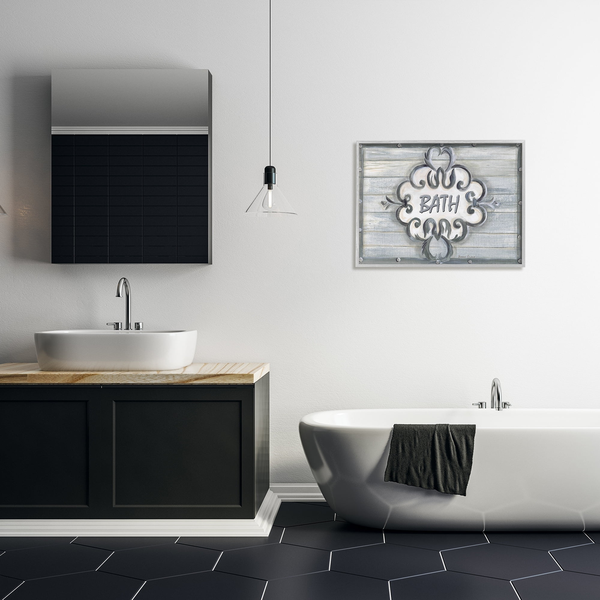 Stupell Industries Bath Grey Bead Board with Scroll Bathroom, 24 x 30,Design by Bonnie Wrublesky