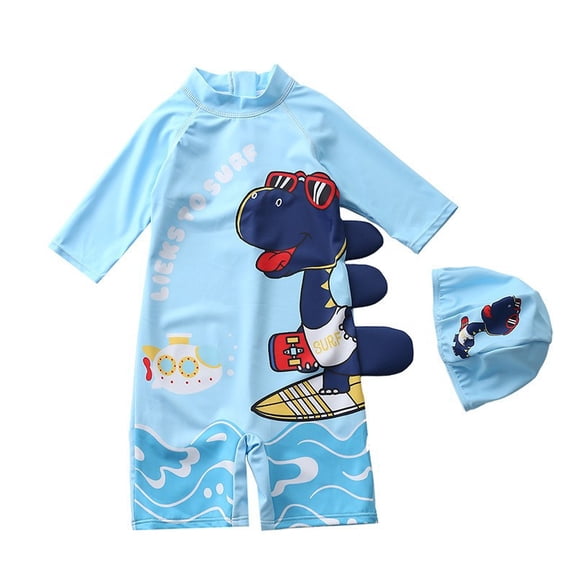 Newborn Baby Infant Boys Swimsuit with Hat Cartoon Print Short Sleeve Round Neck Jumpsuit Bathing Suit A8