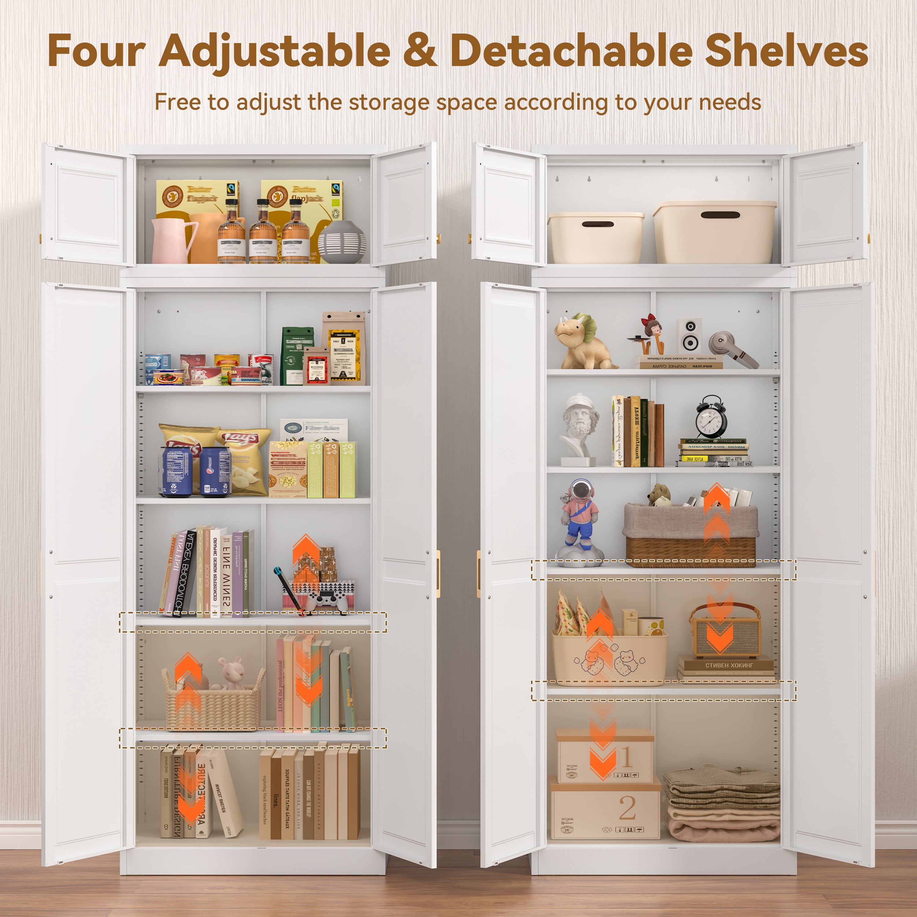 Polup 86" Height Modern Metal Pantry Storage Cabinet with Doors and Adjustable Shelves White for Living Room Kitchen and Home