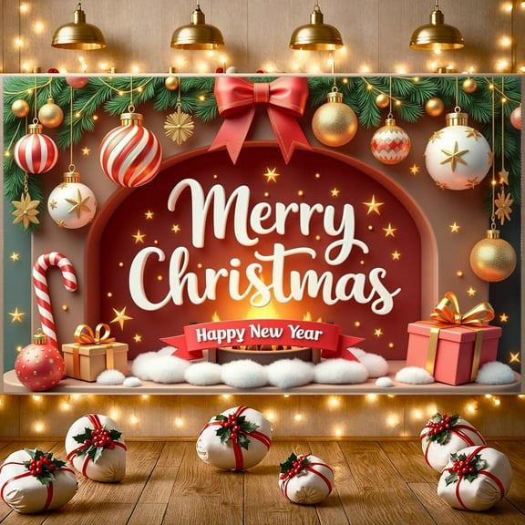 Festive Christmas Banner Colorful New Year Banner Gold Bow Star Pattern Holiday Banner for Christmas Party New Year Celebration Family Party