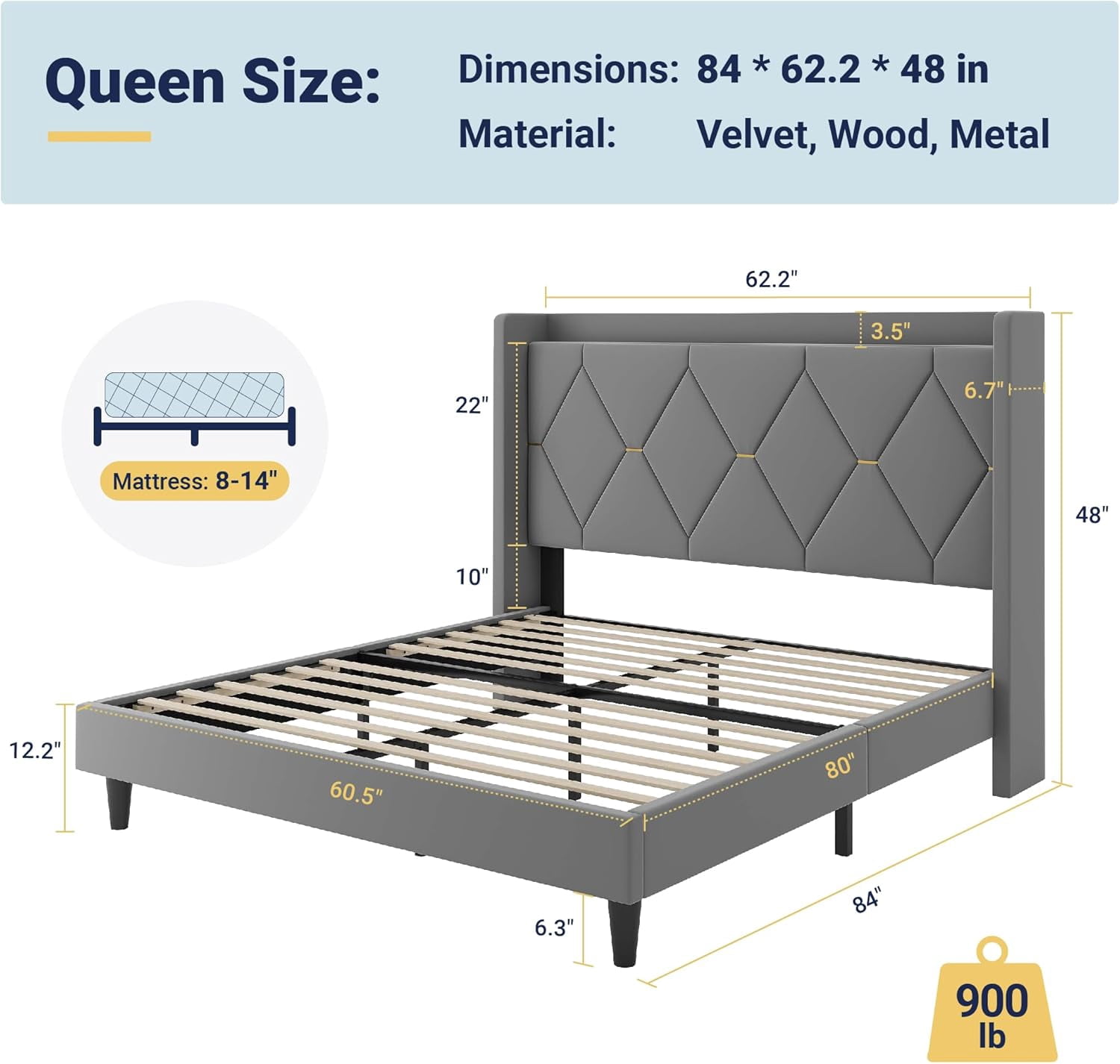 Allewie Velvet Queen Size Upholstered Bed Frame with Wingback Storage Headboard & Charging Station, Platform Bed with Diamond Tufted Design & Gold Trim, No Box Spring Needed, Easy Assembly, Grey
