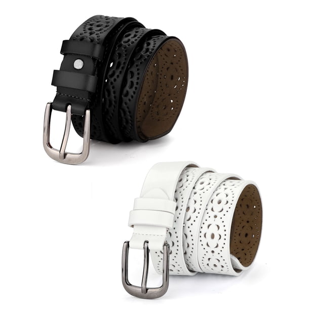 Cinturones de cuero sintético con hebilla de pin vintage de INSPIRE CHIC para mujeres, negro y blanco, 120 cm/47.24"