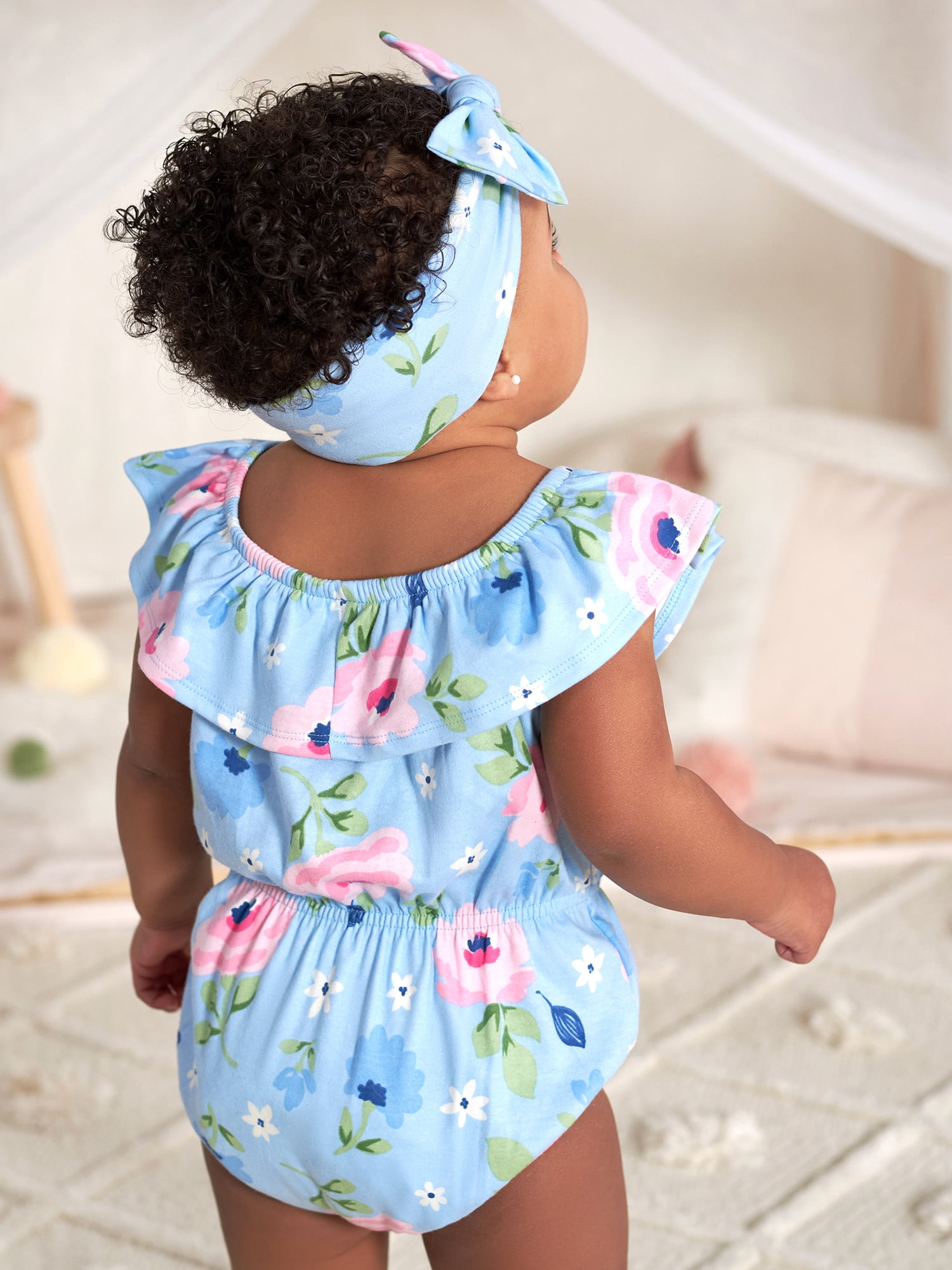 Gerber Baby Girl Wide Neck Romper & Headband Outfit Set, 2-Piece, (0/3 Months - 12 Months)
