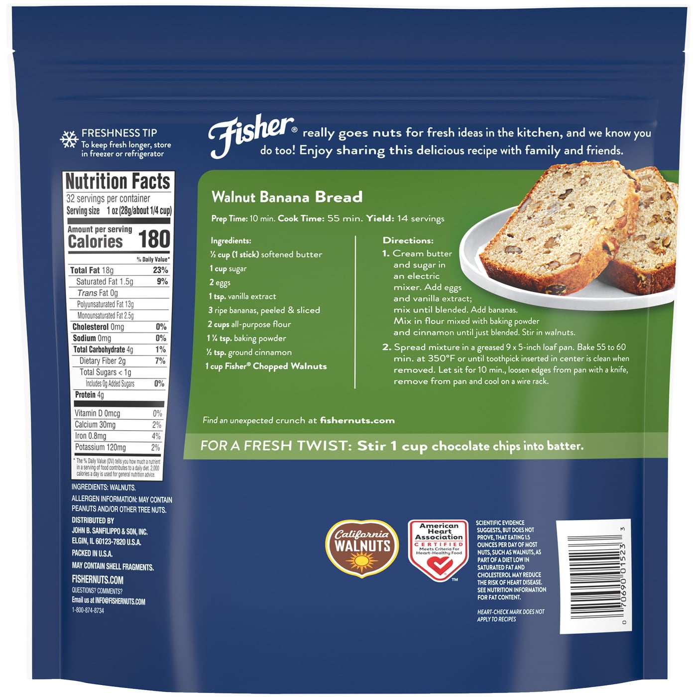 (2 pack) Fisher Chef's Naturals Gluten Free, No Preservatives, Non-GMO Chopped Walnuts, 32 oz Bag