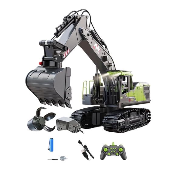 Excavadora de control remoto, juguete de construcción realista para niños mayores de 6 años verde