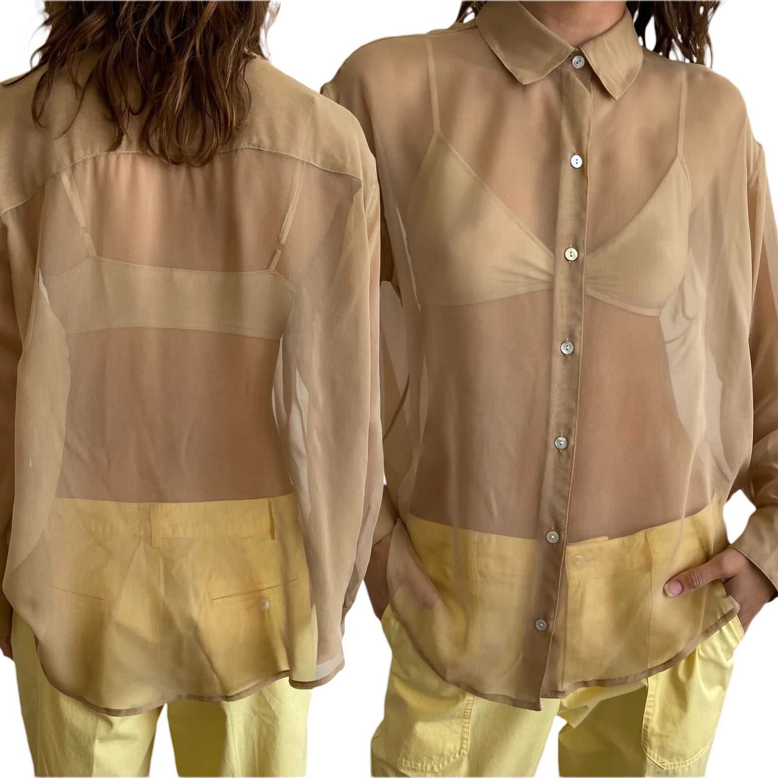 Walmart Women's Sheer Button Up Blouse, Long Sleeve, Lapel