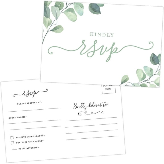 50 Eucalyptus RSVP Postcards for Wedding - Greenery Response Cards - Perfect for Bridal Shower, Rehearsal Dinner, Engagement Party, Baby Shower