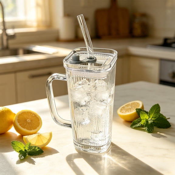 Glass Water Bottle with Handle, Drinking Glass with Lid and Straw for Iced Coffee, Tea, Juice, Reusable Glass Cup for Home, Office, Outdoor Use