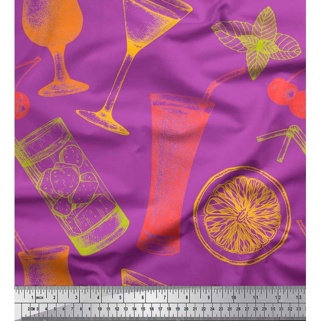 Soimoi Purple Poly Georgette Fabric Lemon Slice & Soft Drinks Summer Designs Print Sewing Fabric Yard 52 Inch Wide