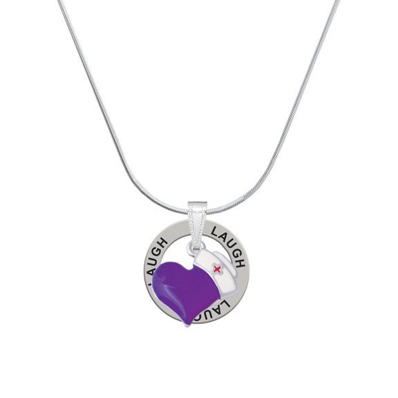 Delight Jewelry Silvertone Purple Heart with Nurse Hat Laugh Ring Charm Necklace, 18"