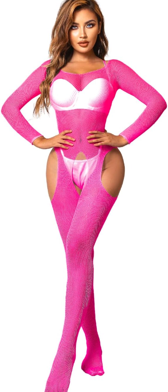 i&Shi Fishnet Bodysuits Backless, Nightout Sexy Bodystocking, Cutout Lingerie Neon Pink
