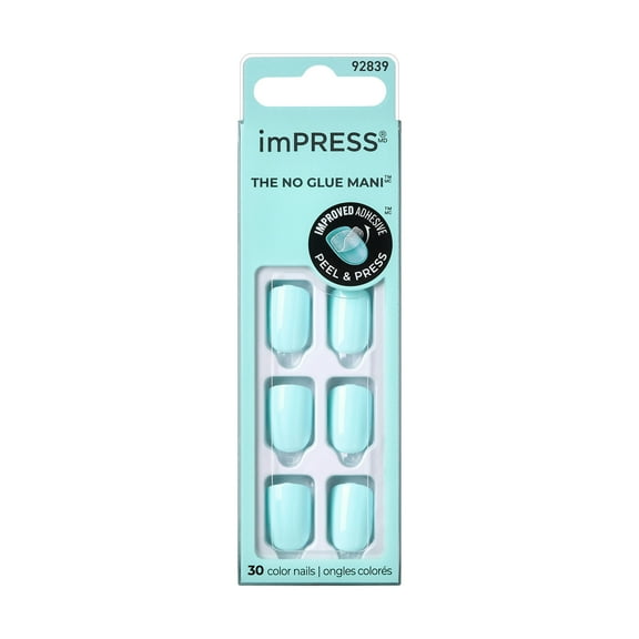 KISS imPRESS No Glue Needed Press On Nails, Color, Fruitful, Blue, Short Squoval, 30 Count