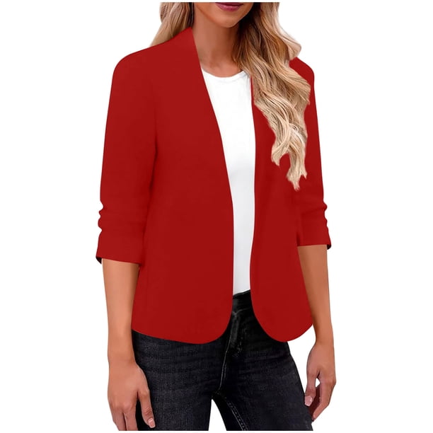 Blazer de moda para mujer, blusas de color liso, manga larga, cuello en V, chaqueta de traje informal, blusa de poliéster para mujer