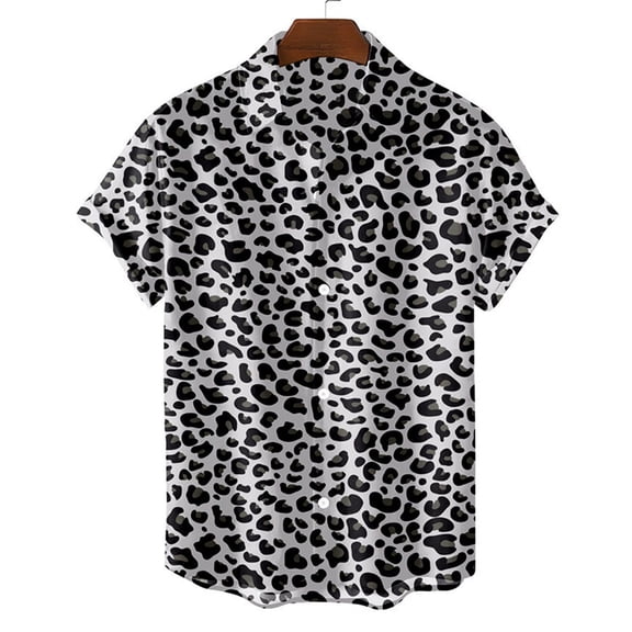 Leopard Print Shirt Mens Button Down Short Sleeve Turn Down Collar Summer Casual Breathable Top Grey XL
