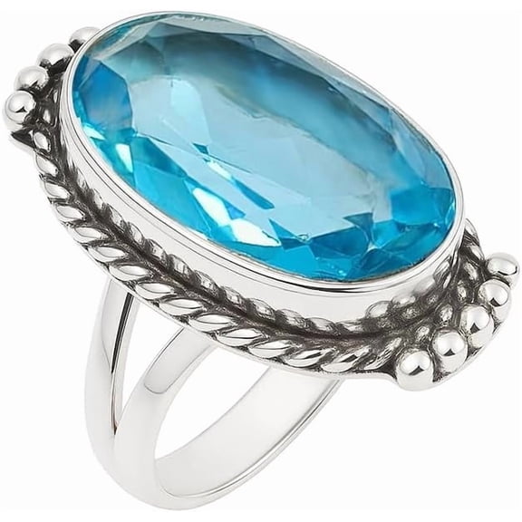 SATYAVIE JEWELLERY 925 Sterling Silver Swiss Blue Topaz Gemstone Ring for Women | December Birthstone | Oval Cut Bold Statement Ring | Birthday, Anniversary Jewelry Gift for Women Ring Size US 5