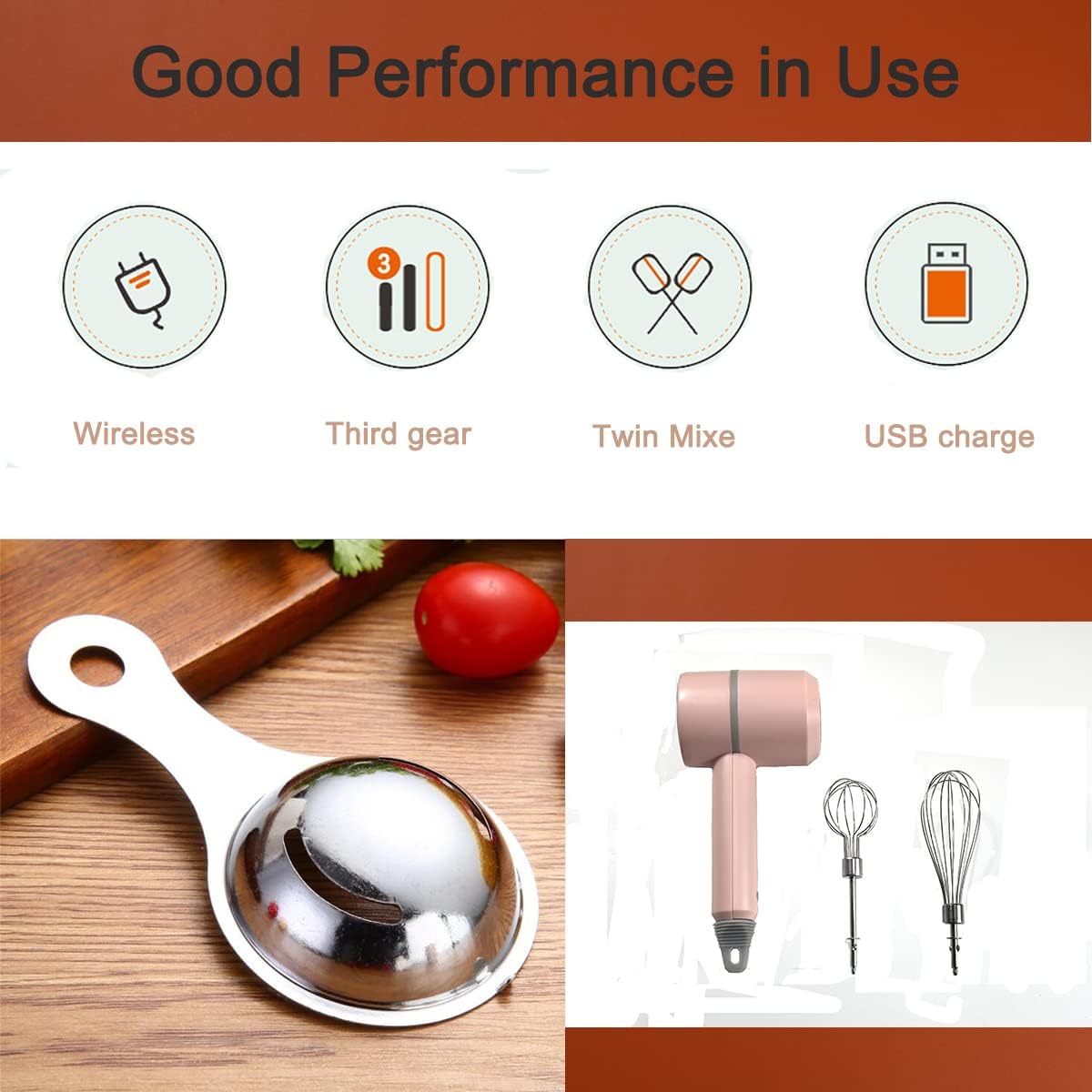 Hand Mixer, Portable Electric Cordless Handheld 3-speed Usb Rechargeable withTwin Mixer Whips and Egg Separator for Whipping or Mixing Eggs, Butter, Cream,Kitchen Baking Cooking (Pink)