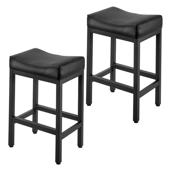 KFFKFF Set of 2 PU Leather Bar Stools, 25-inch Counter Height Saddle-Seat with Metal Legs, Backless Design for Kitchen, Dining Room, Cafe, Easy-to-Assemble, Black
