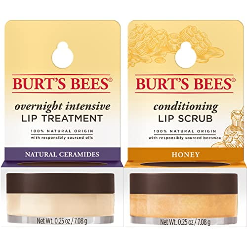 Burts Bees Lip Care Easter Basket Stuffers Moisturizing Overnight Intensive Lip Treatment Conditioning Lip Scrub 025 Ounce Each (Packaging May Vary)