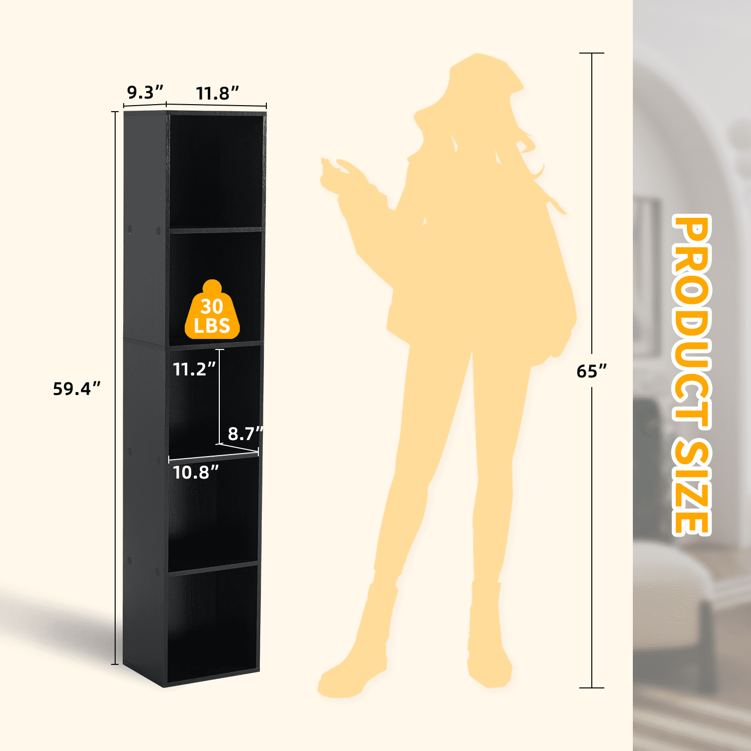 Bapipro Tall Narrow Bookshelf, 5-Tier Cube Display Rack, Modern Corner Bookshelf with Storage Space, Storage Cabinet for Home Office (Black 1 Pack)