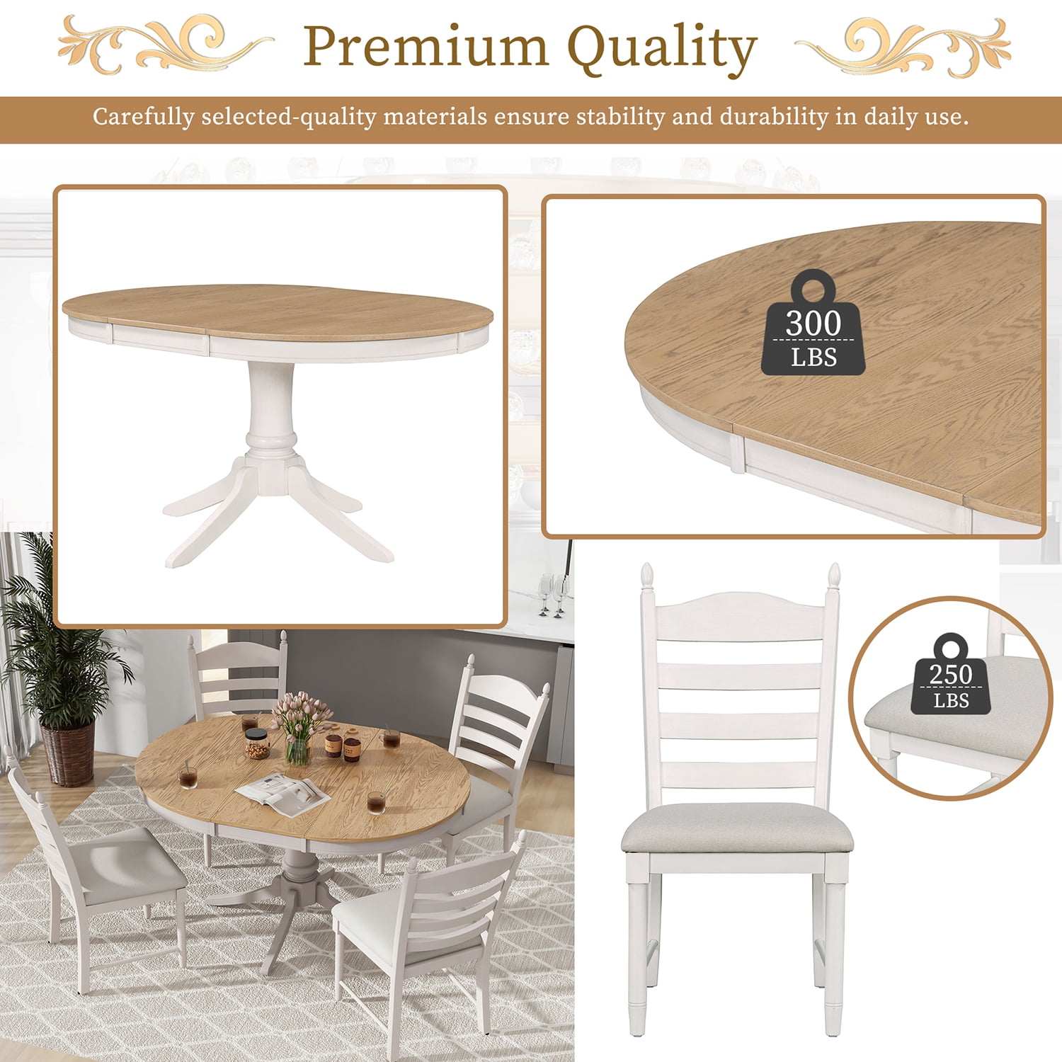 Kadyn 5-Piece Dining Table Set, Dining Table Set for 4, Extendable Dining Table and 4 Upholstered Dining Chairs, Off White