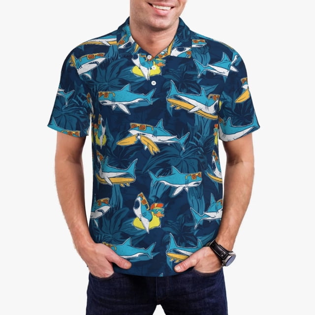 Balery Cartoon Surfer Sharks Camisa Polo de Hombre con Estampado, de Manga Corta y Tejido Medio, Camisa Tipo Golf Polo-X-Large