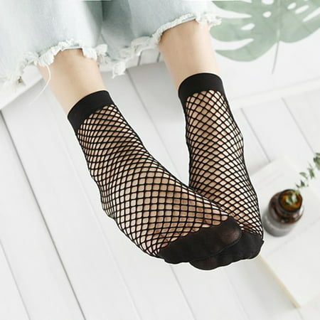 Weefy Women Thin Fishnet Ankle Socks Mesh Lace Fish Net Short Solid Black Socks
